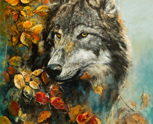 Peinture Portrait de loup dans le feuillage d'automne - Carmer