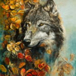 Peinture Portrait de loup dans le feuillage d'automne - Carmer